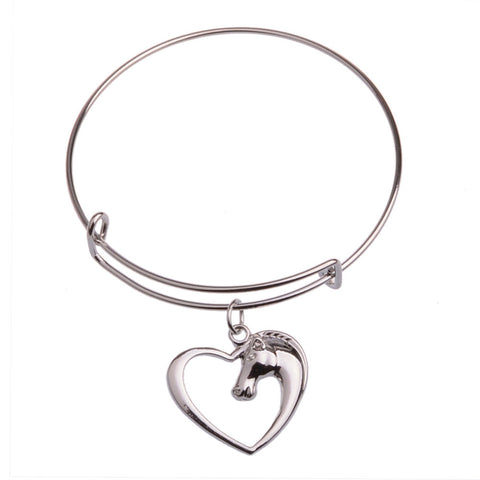 Image of Heart and Horse Head Charm Bangle Bracelet