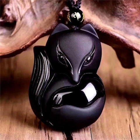 Image of 1 Hand Carved Obsidian Fox Necklace