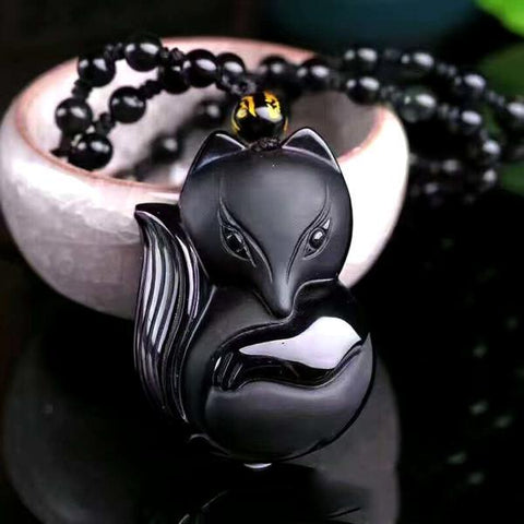 Image of 1 Hand Carved Obsidian Fox Necklace