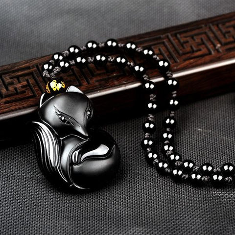 Image of 1 Hand Carved Obsidian Fox Necklace