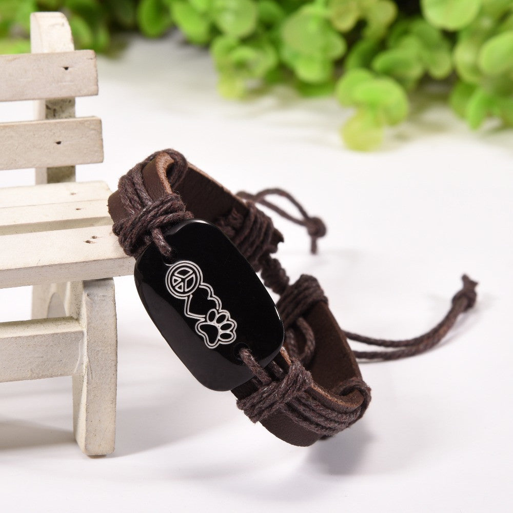 Handmade Genuine Leather Peace, Love, and Pit Bulls Bracelet