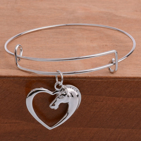Image of Heart and Horse Head Charm Bangle Bracelet