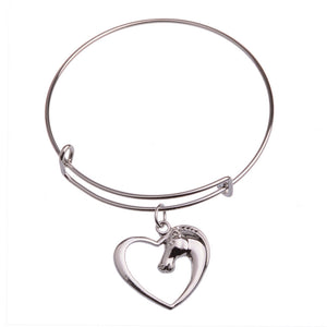 Heart and Horse Head Charm Bangle Bracelet