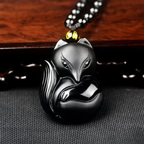 Image of 1 Hand Carved Obsidian Fox Necklace