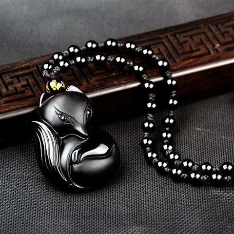 Image of 2 Hand Carved Obsidian Fox Necklaces