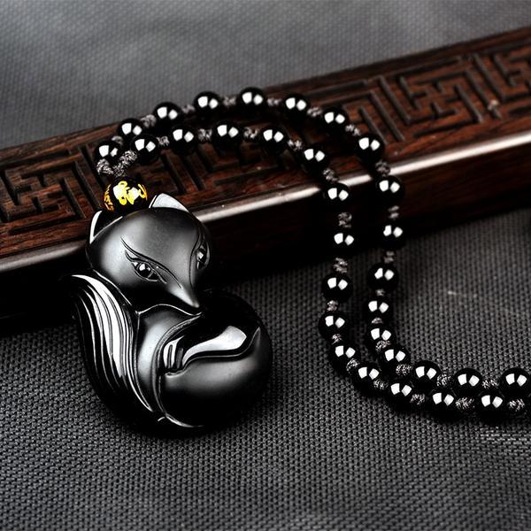 1 Hand Carved Obsidian Fox Necklace